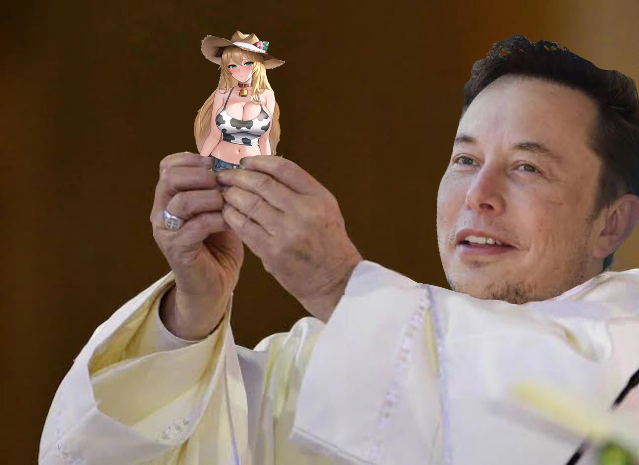 A man in white papal robes holding a small figurine of the Milk Maid up like a holy relic.